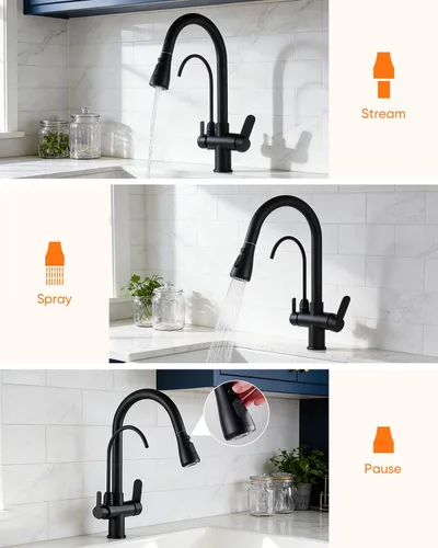 Miniatura 4 de WANFAN Grifo de fregadero de cocina con rociador extraíble 2 manijas 3 en 1 filtro de agua purificador grifos negro 0195R