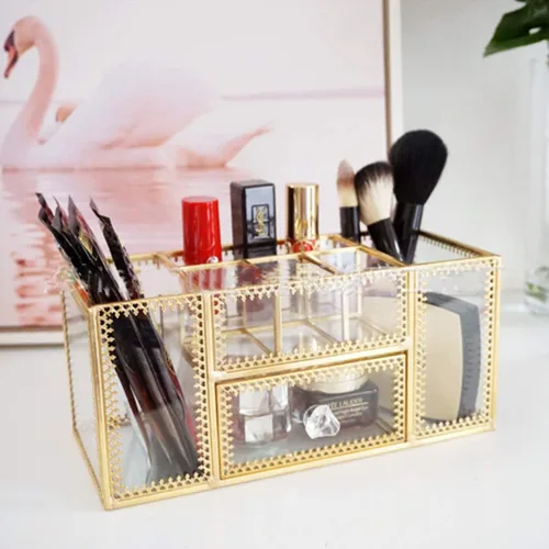 Yamfurvo Organizador de maquillaje hecho a mano con marco de latón vintage, soporte para brochas de maquillaje de vidrio, organizador de cosméticos,