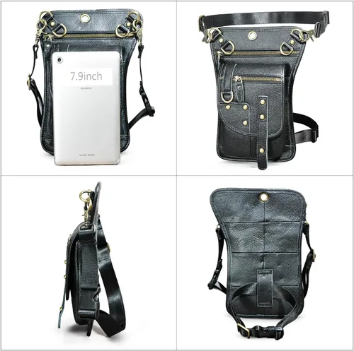 Miniatura 6 de Handadsume Riñonera de lona resistente al agua + cuero para motocicleta, riñonera de viaje para muslo, bolsa para hombres y mujeres, FB2141, 100%