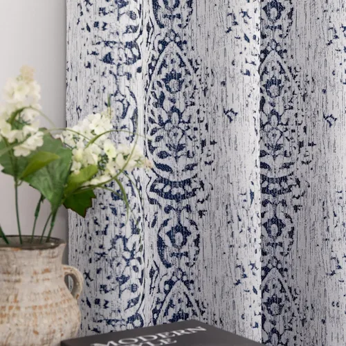 Cortinas con patrón azul marino de 84 pulgadas de largo para sala de estar, juego de 2 paneles con ojales, estampado de medallón de damasco,