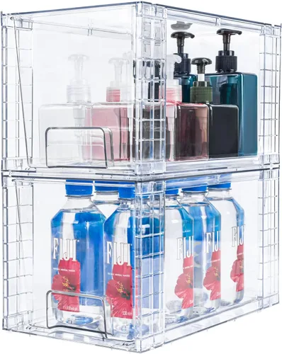 Miniatura 3 de Paquete de 2 cajones de almacenamiento apilables grandes, organizadores transparentes de acrílico con asa, fácil montaje para debajo del fregadero