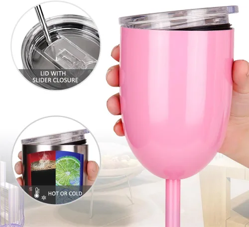 Miniatura 3 de AMZUShome Copas de vino de acero inoxidable (paquete de 2). Vaso de vino de doble pared aislado al vacío con tapa y pajita. Amistad, Navidad, Rosa