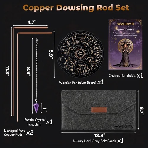 Miniatura 6 de Kit de varillas de radiestesia de cobre, 99.9% de cobre puro con bolsa de regalo, juego de tablero de péndulo, herramientas de adivinación