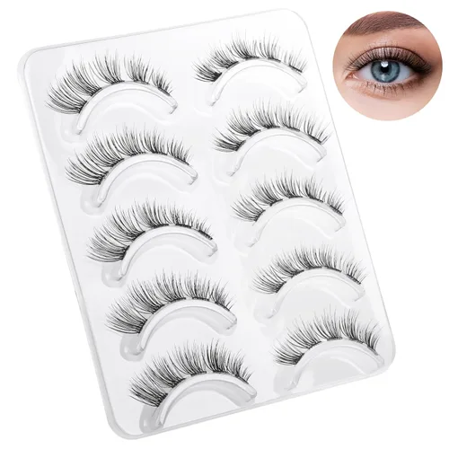 Miniatura 2 de Pestañas postizas de banda transparente natural, pestañas postizas de visón sintético, ojo de gato, 0.276-0.472 in, rizo D, volumen corto, 5 pares