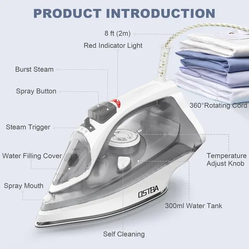 Miniatura 9 de OSTBA Plancha de vapor de 1600 W para ropa con suela antiadherente de calentamiento rápido, esfera de termostato precisa, autolimpieza, antical