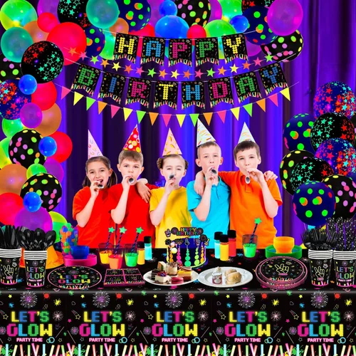 Miniatura 3 de 231 piezas de suministros de fiesta de neón que brillan en la oscuridad, decoraciones de fiesta de luz negra, juego de vajilla para fiesta, platos