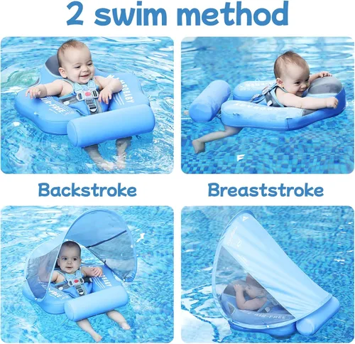 Miniatura 3 de Mambobaby Flotador con Toldo y Cola Nuevo Mejorado Flotador de Piscina No Inflable para Bebé Flotador de Natación Mambo Entrenador de Natación azul