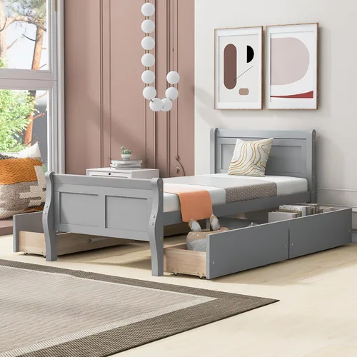 Miniatura 30 de Cama de plataforma de madera de tamaño individual con cabecera en forma de casa, soporte de listones de madera, para dormitorio de niños, niñas
