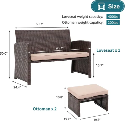 Miniatura 6 de OC Orange-Casual Juego de muebles de patio de 3 piezas para exteriores, juego de muebles de mimbre para todo tipo de clima, con otomana/mesa Marrón