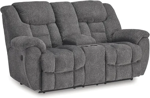 Signature Design by Ashley Foreside - Sofá biplaza reclinable manual resistente a las manchas con consola, almacenamiento y portavasos, color gris