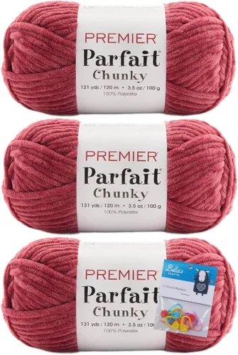 Miniatura 8 de Premier Yarns Parfait - Paquete de 3 unidades de felpilla gruesa de 3.5 onzas, peso supervoluminoso, paquete de 3 unidades con soportes para puntada