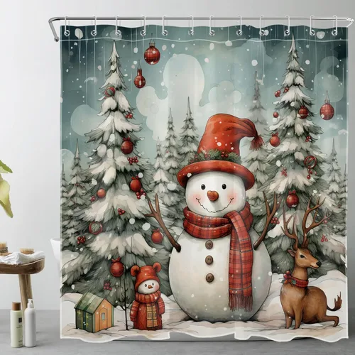 Miniatura 23 de EOBTAIN Cortina de ducha de hojas verdes de Navidad para baño, ramas de piña y abeto con bayas rojas sobre negro, cortina de ducha con 12 ganchos