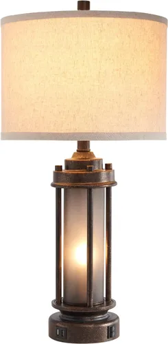 Miniatura 9 de Lámpara de mesa de granja de 25 pulgadas con 2 puertos de carga USB, lámpara de mesita de noche rústica vintage con luz nocturna de vidrio