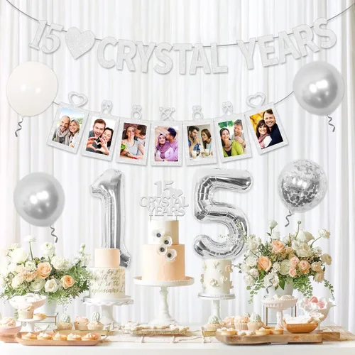 Miniatura 2 de Jollyboom Decoraciones de aniversario de boda del número 15: globos plateados, blancos y dorados, pancarta, decoración para pastel y pancarta