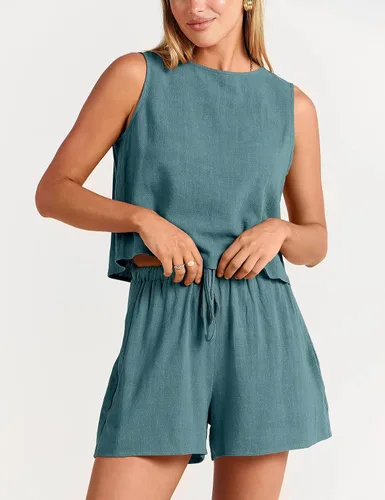 Miniatura 3 de GIVENUAN - Conjunto de 2 piezas de verano para mujer, conjunto de pantalones cortos de lino con cuello redondo, camiseta corta sin mangas