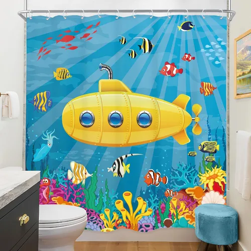 Miniatura 4 de Riyidecor Cortina de ducha infantil para decoración de baño, 72 pulgadas de ancho x 72 pulgadas de alto, diseño de dibujos animados, amarillo