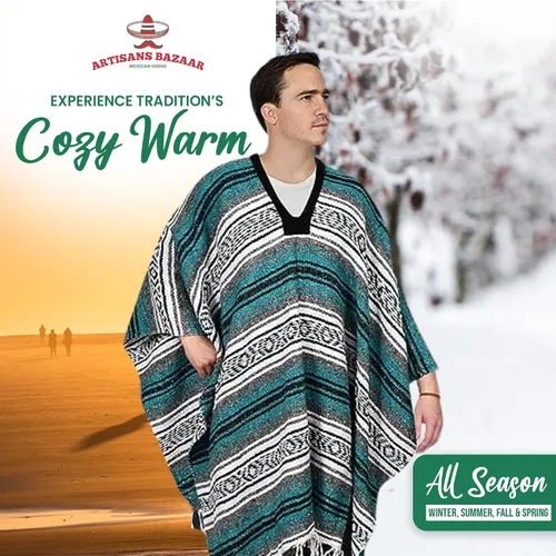 Miniatura 35 de Artisans Bazaar Poncho tradicional mexicano de Baja para hombres y mujeres, auténtico sarape de Gaban, manta de vaquero Pancho Jorongo