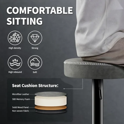 Miniatura 4 de STOOLINK Juego de 2 taburetes de bar ajustables sin respaldo de cocina con asiento redondo, taburetes de bar giratorios de 360° de altura de Gris