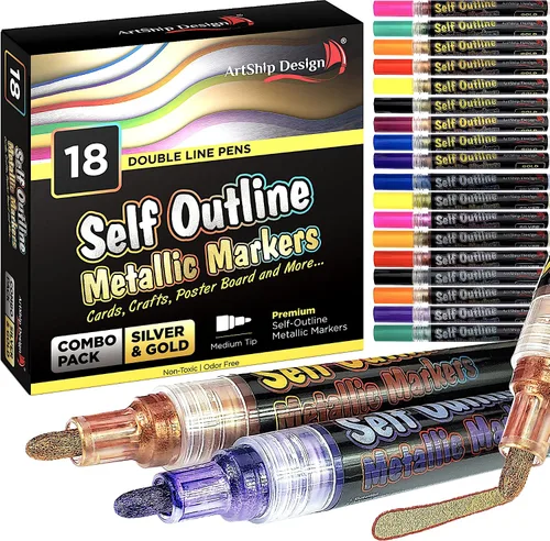 ArtShip Design Paquete combinado de 18 bolígrafos de pintura con brillo metálico dorado y plateado, barriles extra grandes, marcadores permanentes