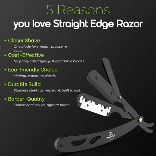 Miniatura 6 de The Cut Factory® Navaja recta para hombres, navaja de barbero profesional con borde recto para un afeitado suave y cómodo. Estuche de regalo de Negro