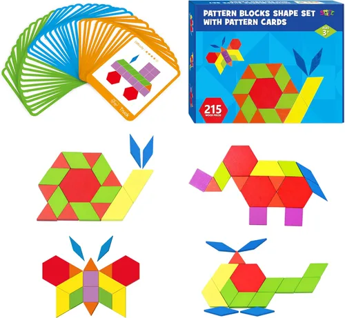 Miniatura 9 de 155 PIEZAS Juego de Bloques de Patrón de Madera, 24 Tarjetas de Diseño Doble Cara (48 Patrones) Rompecabezas de Forma Geométrica Divertido Tangram
