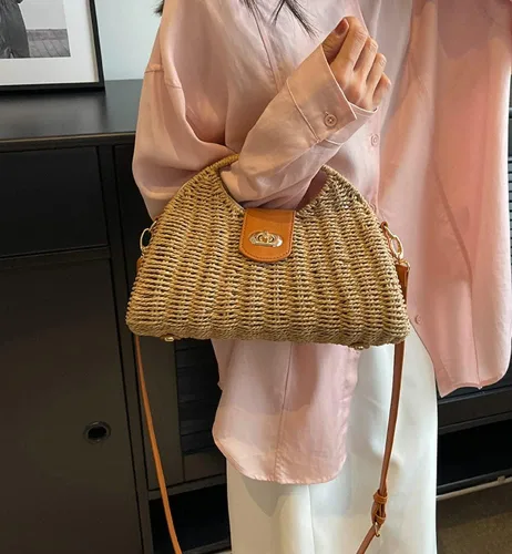 Miniatura 6 de Bolso cruzado de paja para mujer, tejido a mano, bolso de mano de ratán con asa superior de paja, bolso de hombro para playa de verano, bolso