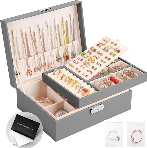 Joyero para mujeres y niñas, 2 capas de cuero, organizador de joyas de viaje, estuche de almacenamiento con cerradura y bandeja extraíble para