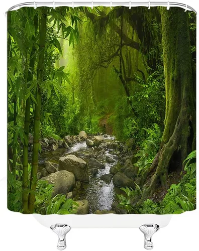 Miniatura 3 de Cortina de ducha de selva tropical, verde selva, bosque, arroyo, plantas exóticas, naturaleza primitiva, naturaleza, paisaje botánico, decoración