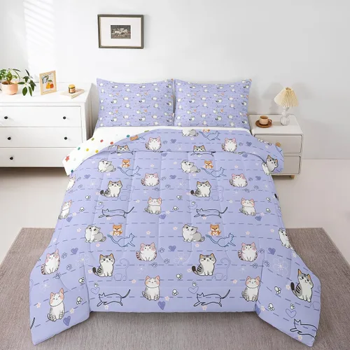 Miniatura 11 de Erosebridal Lindo juego de edredón de gato, tamaño individual, kawaii, fresa, juego de ropa de cama para niñas, diseño de arco iris, edredón rosa