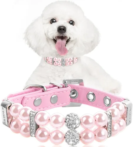 Miniatura 8 de HOWWFALY Collares de perlas para perros y gatos con diamantes de imitación de cristal, collar de piel sintética, collar ajustable para perros
