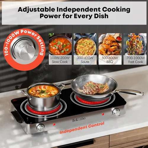 Miniatura 4 de Placa de cocina eléctrica, quemador infrarrojo dual de 2200 vatios, placa eléctrica de 2 quemadores para cocinar, encimera de control de perilla