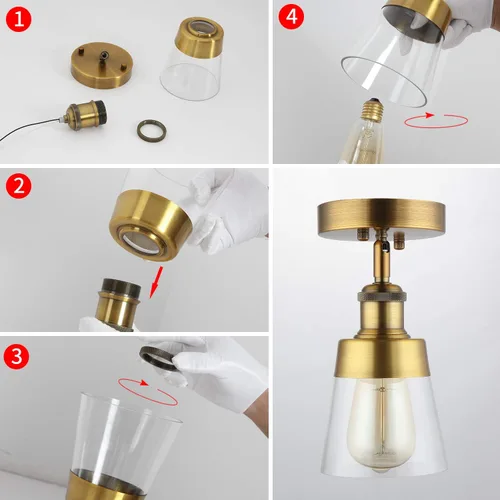 Miniatura 5 de Fivess Lighting Lámpara de techo semiempotrada de cristal transparente de color dorado antiguo para pasillo, baño, entrada, cocina, granja