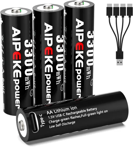 Baterías recargables AA de litio, baterías AA recargables USB C, paquete de 4 unidades de 3300 mWh con cable USB C 4 en 1, más de 1200 ciclos, carga