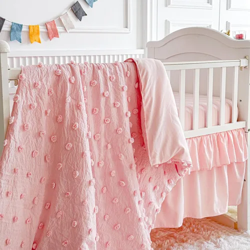 Miniatura 5 de Juego de ropa de cama rosa para cuna, edredón jacquard con lunares copetudos, sábana bajera y falda de cama, bonito bordado, bohemio, shabby chic