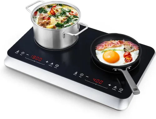 Miniatura 10 de COOKTRON Placa de inducción portátil de 2 quemadores con parrilla de hierro fundido removible antiadherente, placa de inducción doble de 1800W