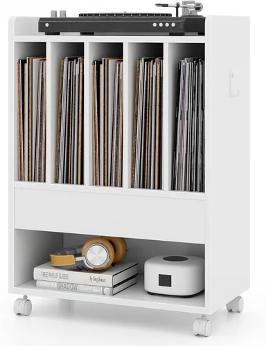 Miniatura 11 de LOKO Soporte para tocadiscos sobre ruedas, soporte giratorio con 5 compartimentos, cajón y estante abierto, estante de exhibición de vinilo