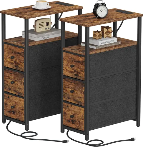 Miniatura 19 de TUTOTAK - Mesa auxiliar pequeña y estrecha con estación de carga; mesa de lado con tomas de corriente; mesita de noche con 2 cajones de tela; mesa