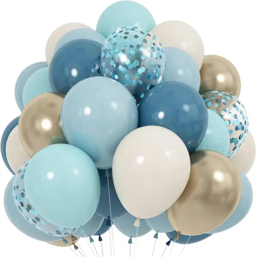 Paquete de 60 globos azul polvoriento dorado, conjunto de globos de látex azul pizarra blanco arena verde azulado turquesa crema beige con confeti