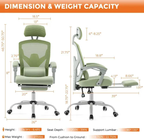 Miniatura 2 de Silla ergonómica de escritorio para computadora de oficina con almohada lumbar y reposapiés retráctil, sillones giratorios de malla con respaldo
