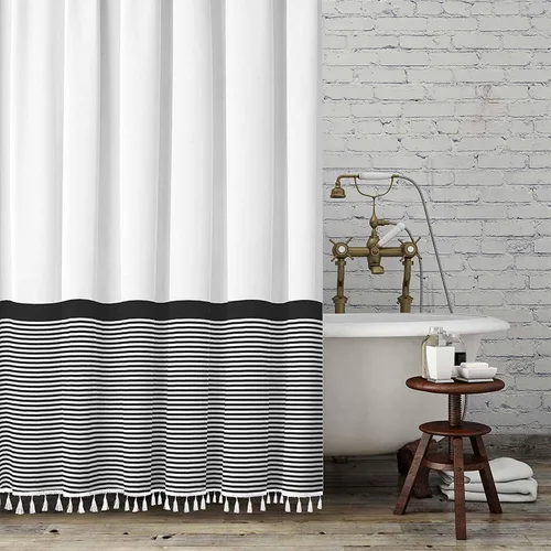 Seasonwood 96 pulgadas de cortina de regadera extra larga, cortina de regadera negra y blanca con borlas, 72" ancho x 96" largo, cortinas de Blanco