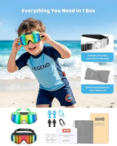 Miniatura 6 de Aegend Paquete de 2 gafas de natación para niños, marco grande, antivaho, silicona suave, a prueba de fugas, protección UV para niños y niñas de 3 a