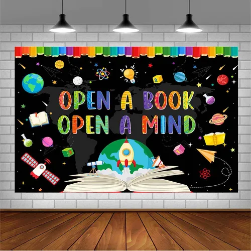 Miniatura 3 de AIBIIN Telón de fondo para fotografía del Día Mundial del Libro de 7 x 5 pies para fotografía Abrir un libro Abrir una mente Niños Estudiantes Aula