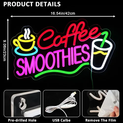 Miniatura 2 de Letrero de Neón de Café y Batidos para Decoración de Pared, Letreros LED de Batidos para Negocios, Luces de Neón USB Regulables de 16.54" x 9