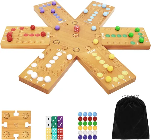Miniatura 8 de Juego de mesa de mármol, juego de mesa de madera para 4 y 6 jugadores, juego de mármol original portátil con 24 canicas, 12 dados para familiares