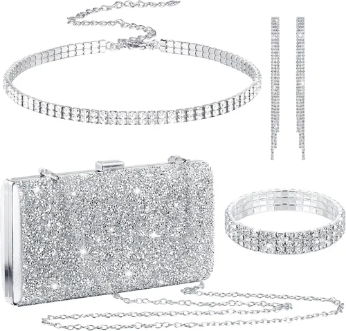 Miniatura 8 de Kigeli 4 Pieces Women Rhinestone Evening Clutch Bag Bling Earring Necklace Bracelet for Wedding Graduation Prom