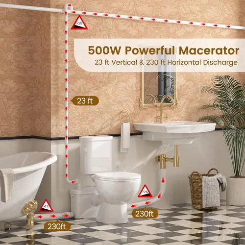 Miniatura 4 de SUPERFLO Sistema de Inodoro Macerador de 500W Upflush para Sótano con 4 Entradas de Agua para Baño y Garaje, Sistema de Bomba de Inodoros
