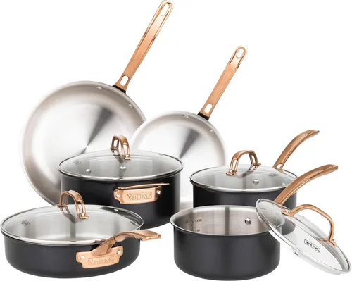 Viking Juego de utensilios de cocina de 3 capas, 10 piezas de acero inoxidable con tapas de vidrio, apto para horno, listo para inducción, negro con