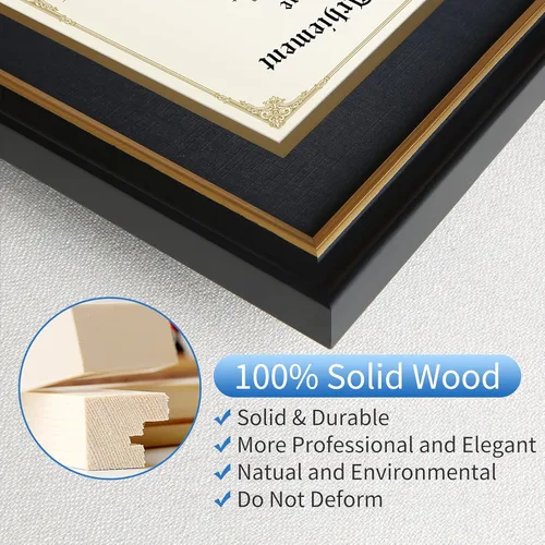 Miniatura 3 de Marco de diploma de 11 x 14 grados, madera maciza, vidrio inastillable para documentos, marco dorado negro de 8.5 x 11 pulgadas con paspartú
