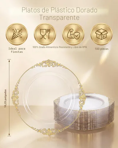 Miniatura 3 de Morejoy 100 platos de plástico dorado, platos desechables de oro transparente, platos llanos de plástico transparente de 10.25 pulgadas con borde