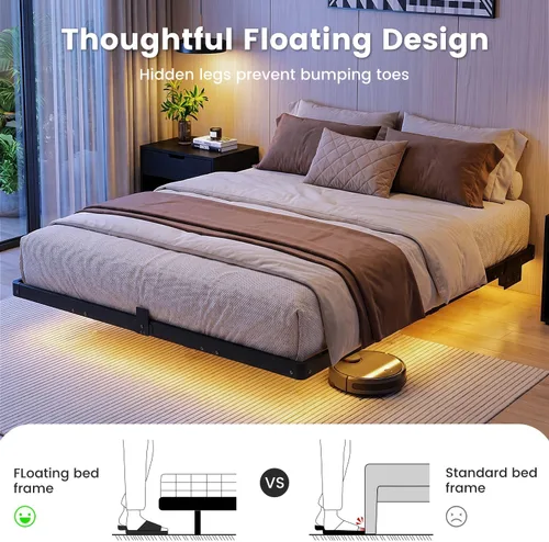 Miniatura 4 de Liians Marco de cama flotante moderno de tamaño completo con luces LED inteligentes, estación de carga USB, plataforma de metal resistente,